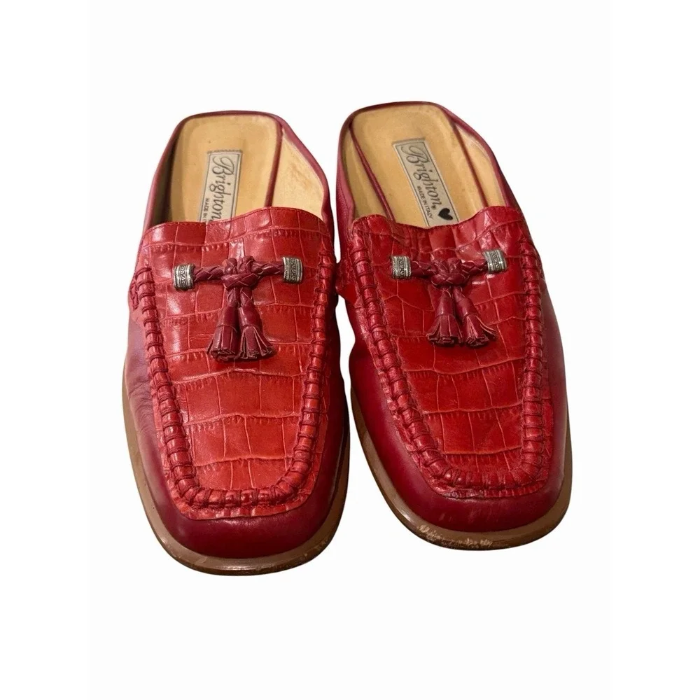 Brighton Julie Women's 7.5 Red Tasseled Croc Leather Loafer Mule Shoe Quiet Luxe